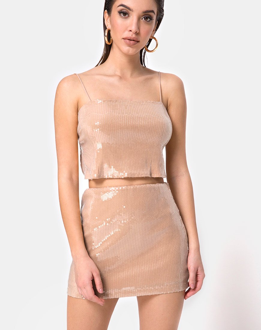 Image of Champo Crop Top in Camel with Clear Sequin
