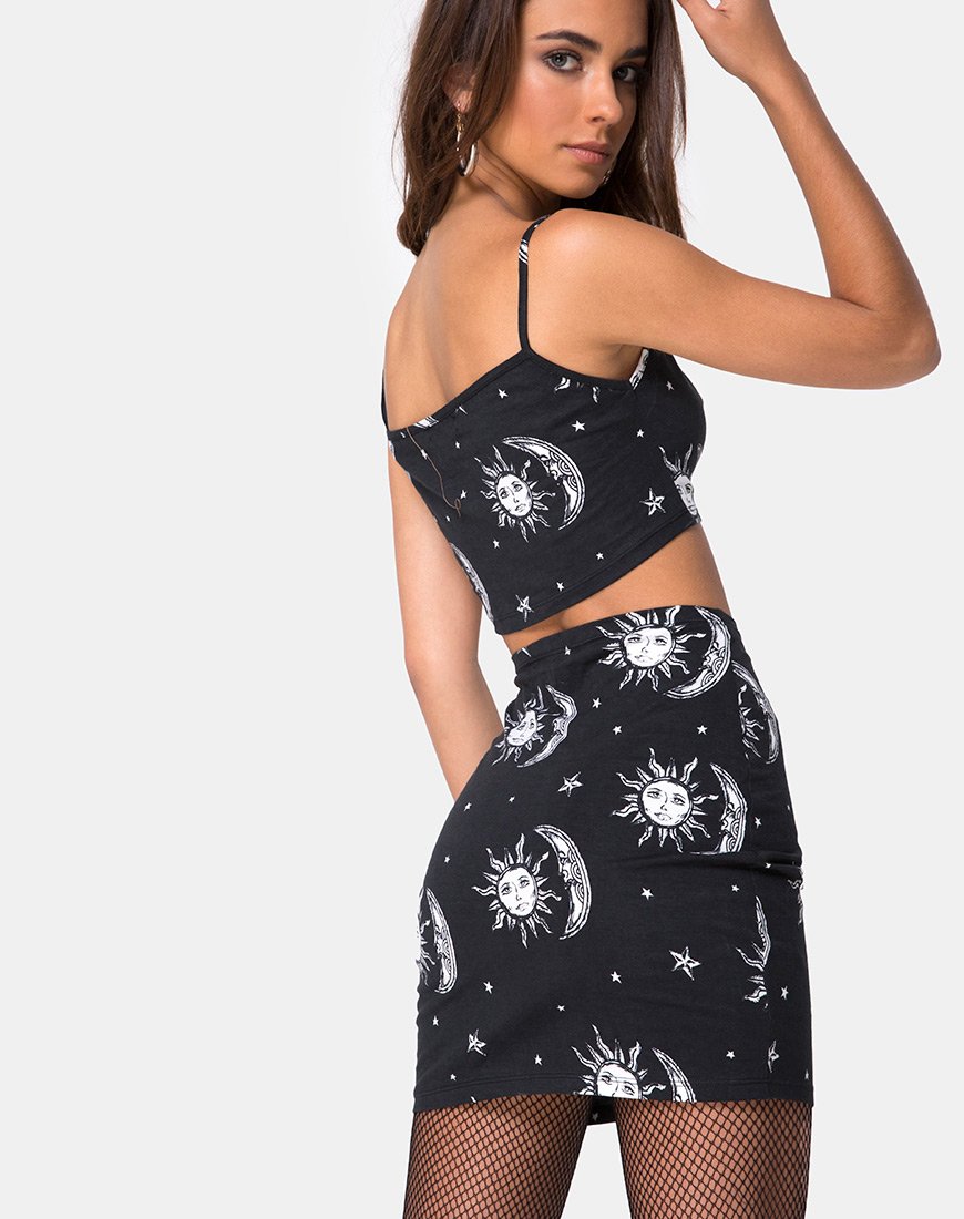 Image de Kimmy Bodycon Skirt in Sun Moon Stars BW