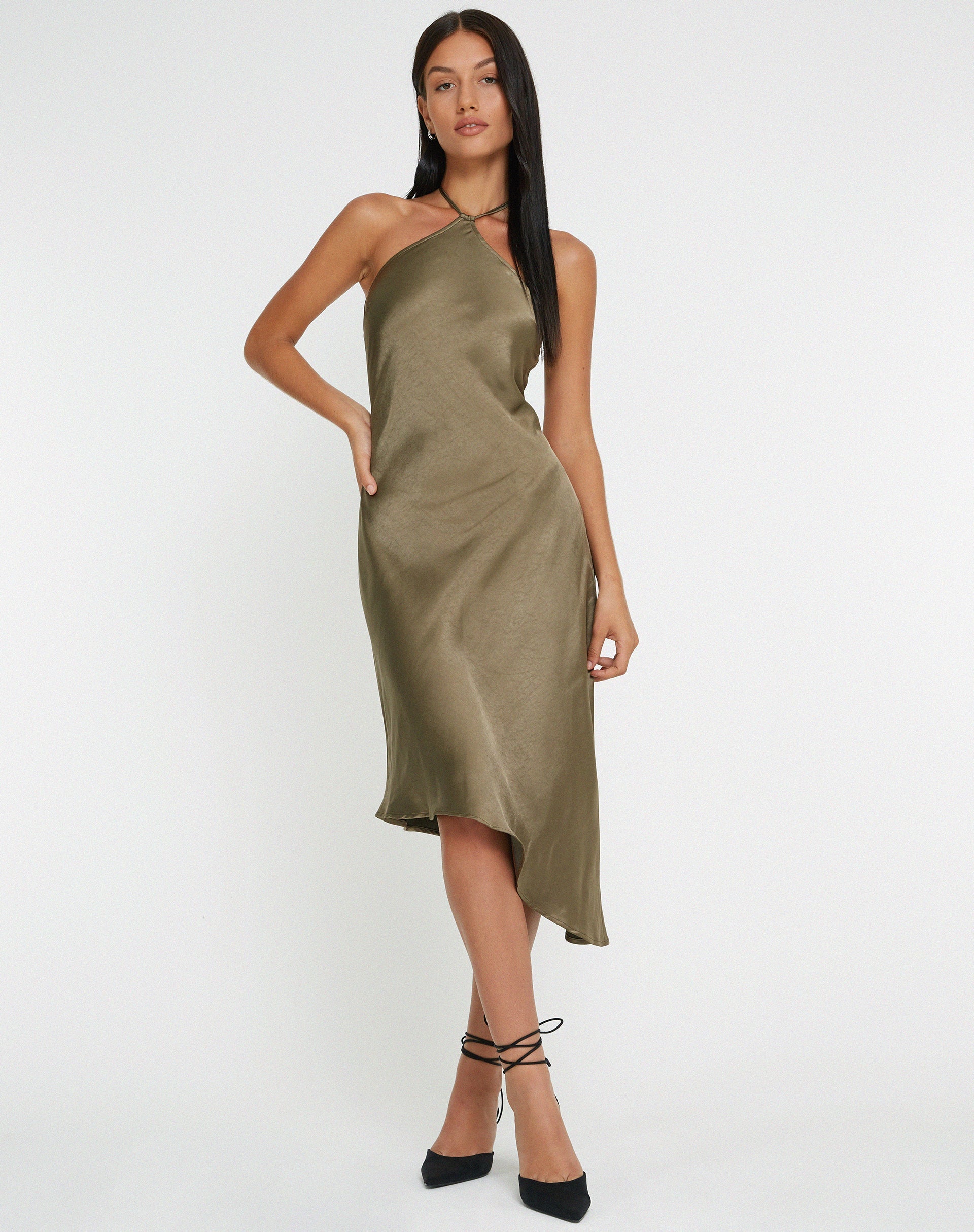 image de Kimora Midi Dress in Satin Dark Olive
