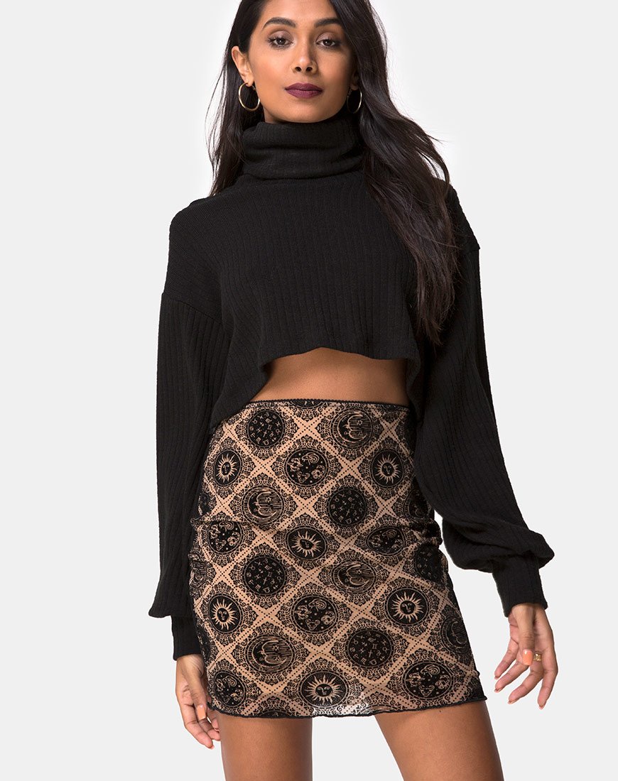 Minijupe Kinnie en filet taupe avec flocage de signes noirs