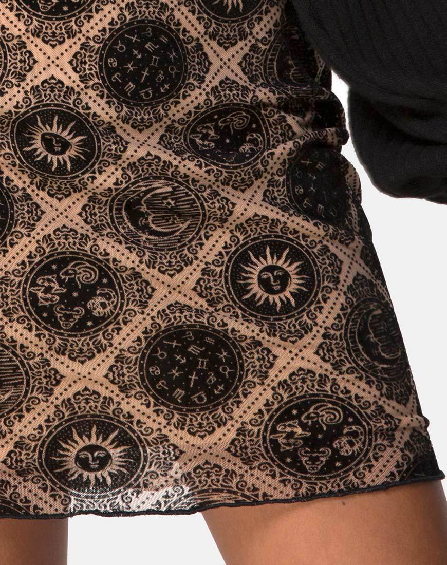 Image of Kinnie Mini Skirt in Taupe Net with Black Sign Flock