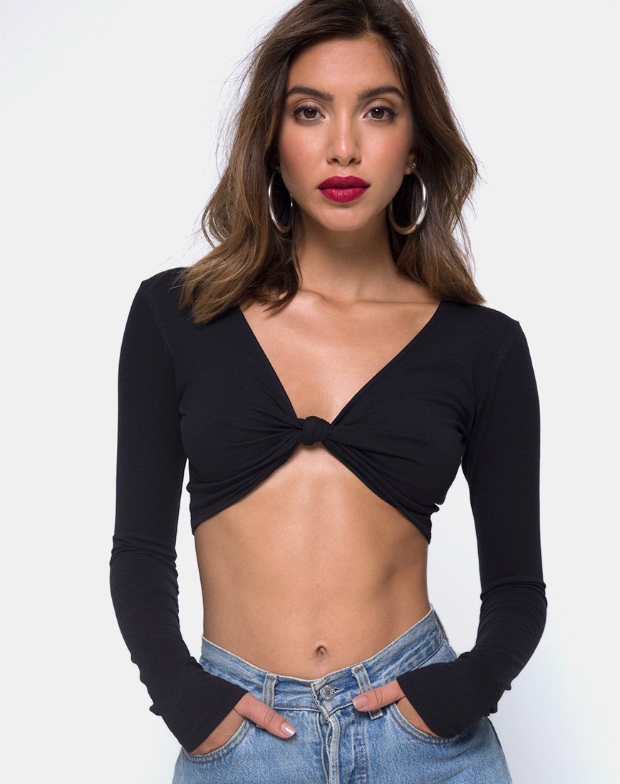 Knotie Crop Top à manches longues en noir
