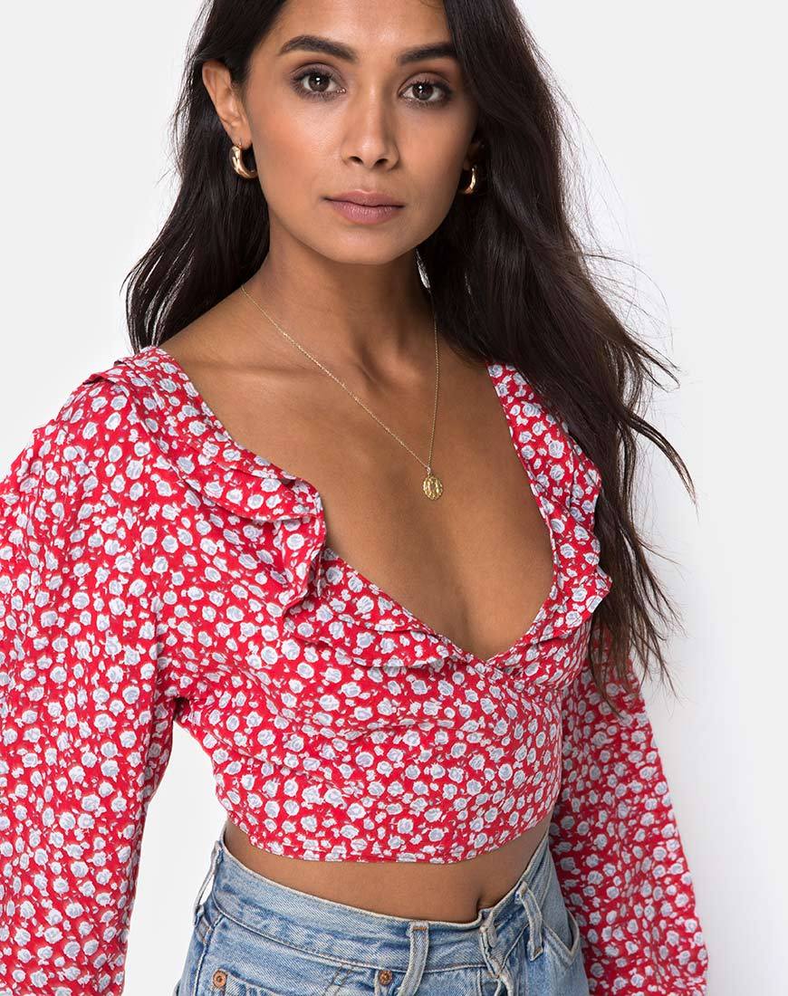 Koniva Crop Top in Ditsy Rose Red and Silver (Top court Koniva en rouge rosé et argenté)