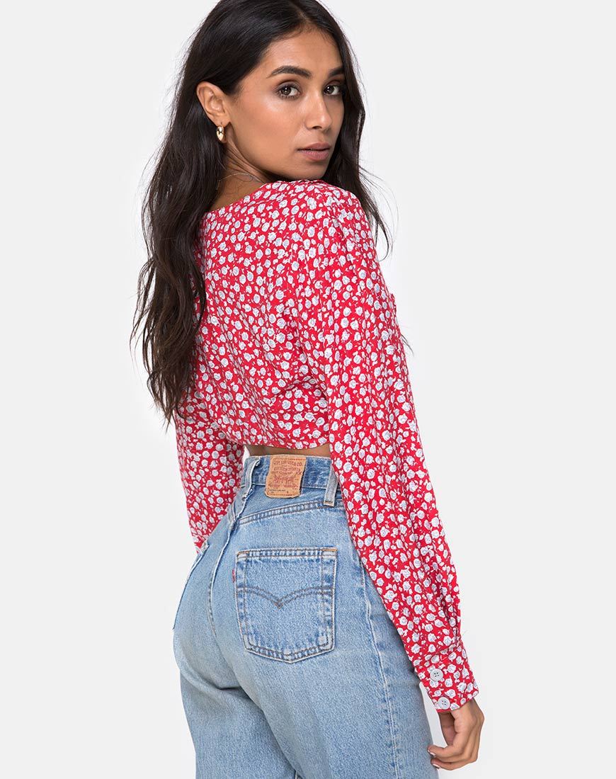 Koniva Crop Top in Ditsy Rose Red and Silver (Top court Koniva en rouge rosé et argenté)