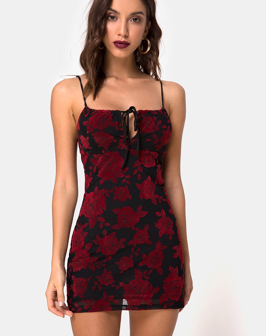 Kumin Bodycon Dress in Romantic Red Rose Flock (robe bodycon en flocon de rose rouge romantique)