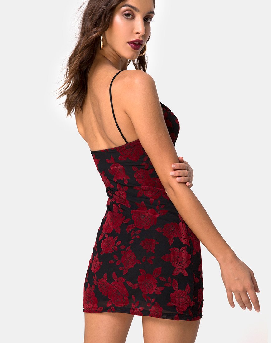Kumin Bodycon Dress in Romantic Red Rose Flock (robe bodycon en flocon de rose rouge romantique)
