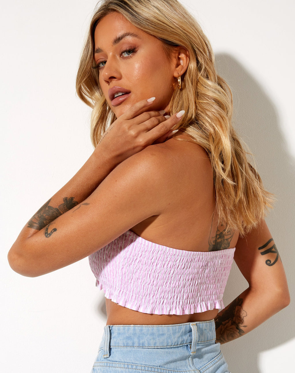 Top bandeau Kupkee à rayures verticales rose et blanc