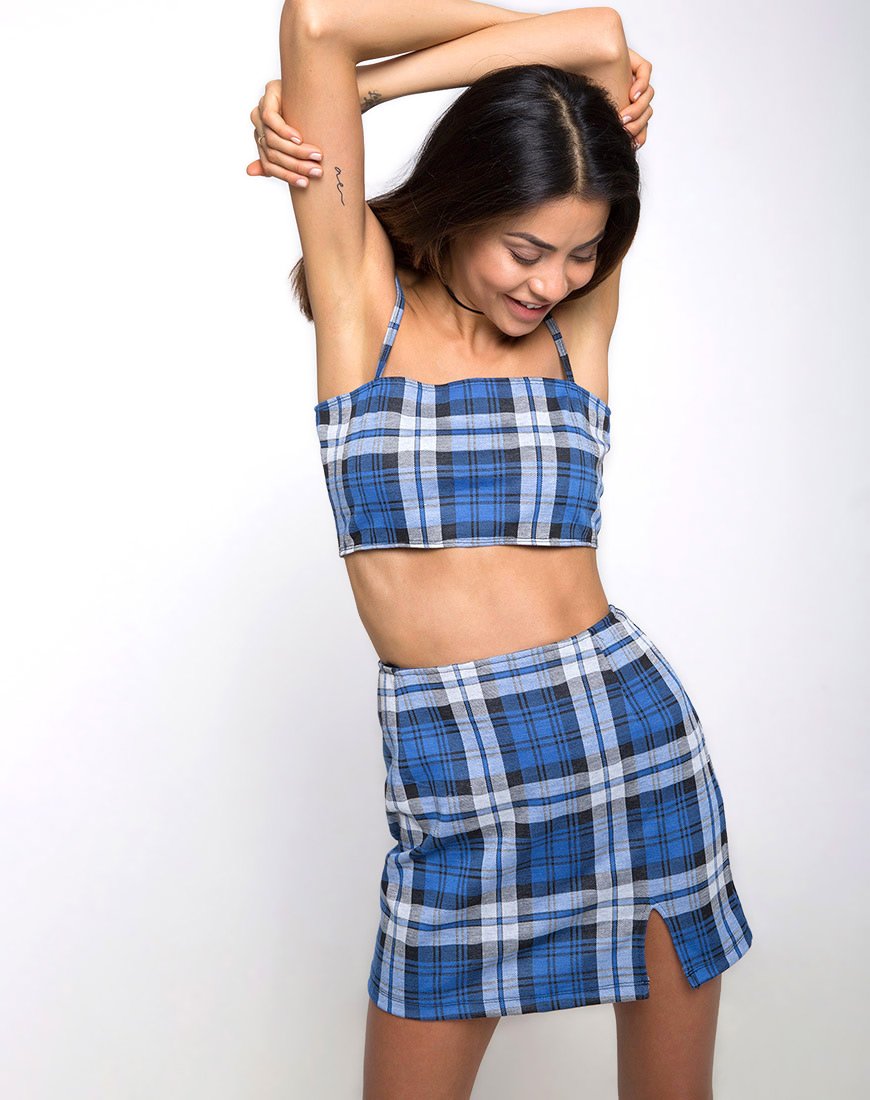 Image de la mini-jupe Dina en plaid extensible Bleu