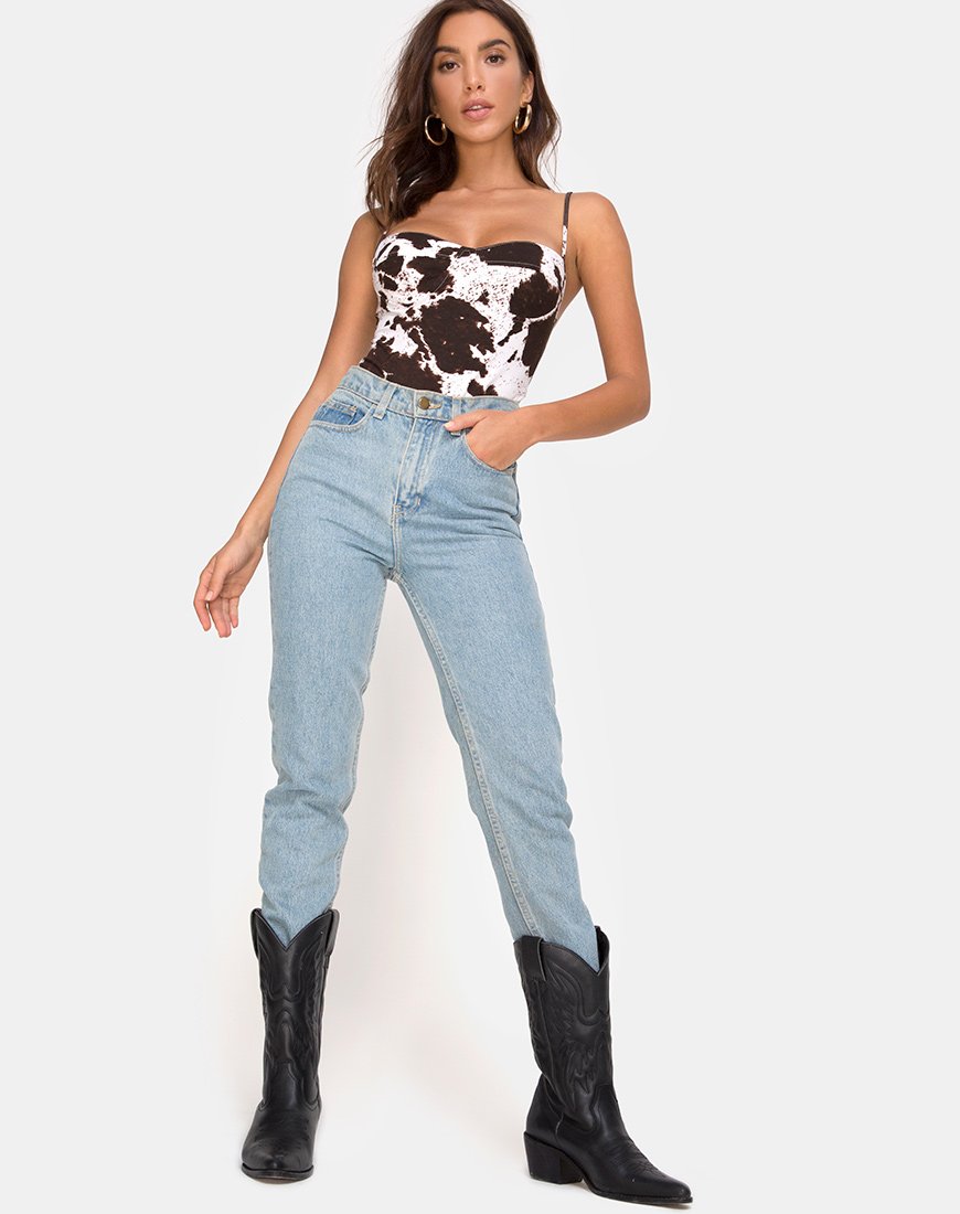 Image de Lanti Bodice en peau de vache marron et blanche