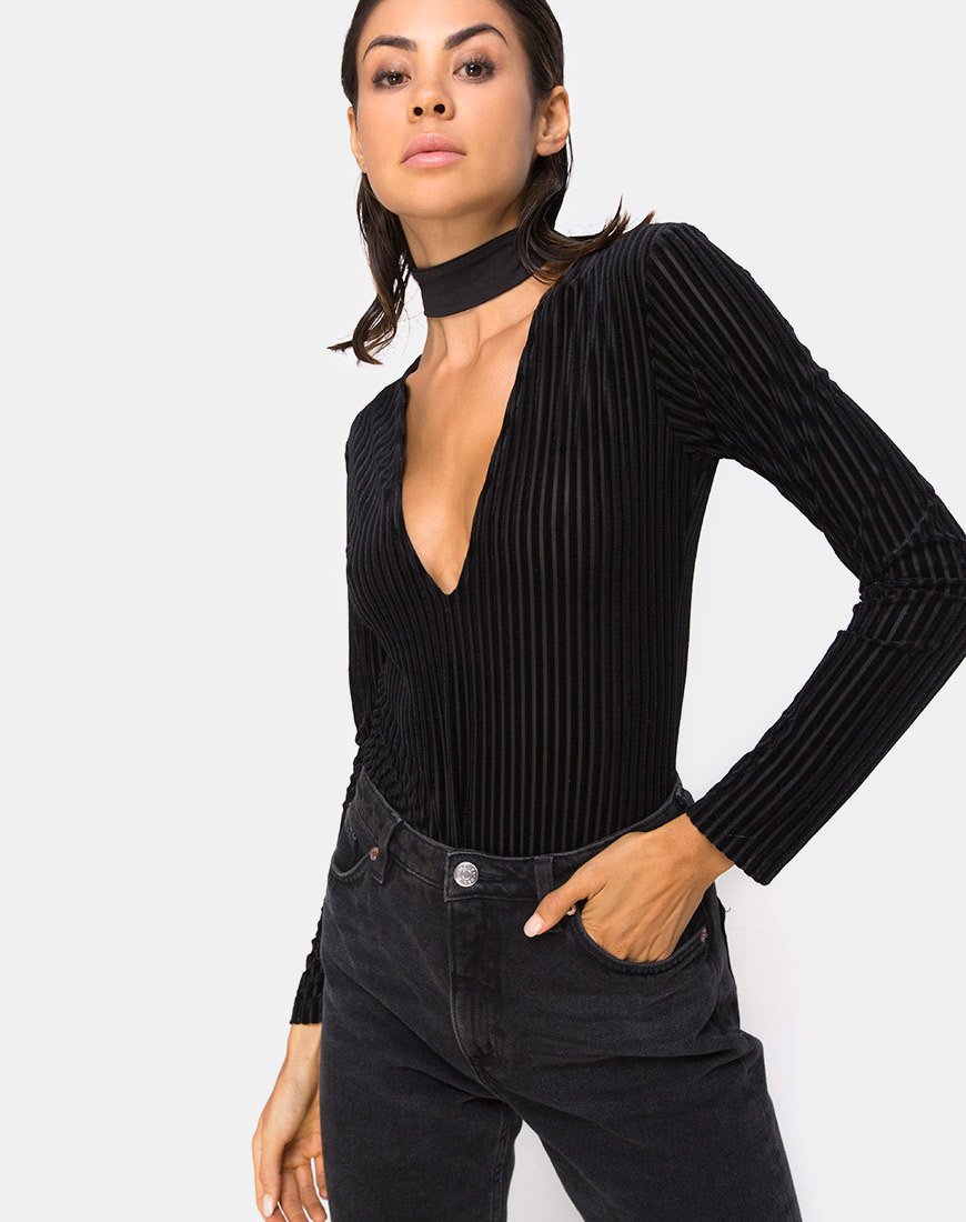 Lao - Corsage plongeant à rayures noires transparentes