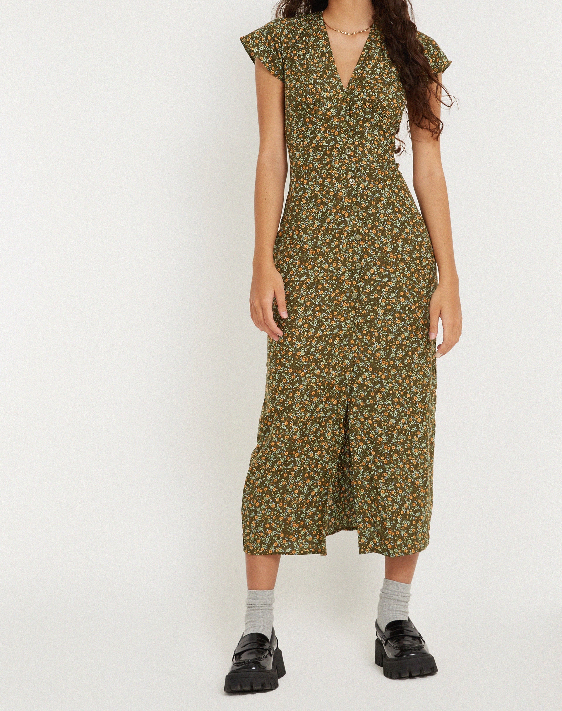 image de Larin Midi Dress in Grungey Floral Khaki