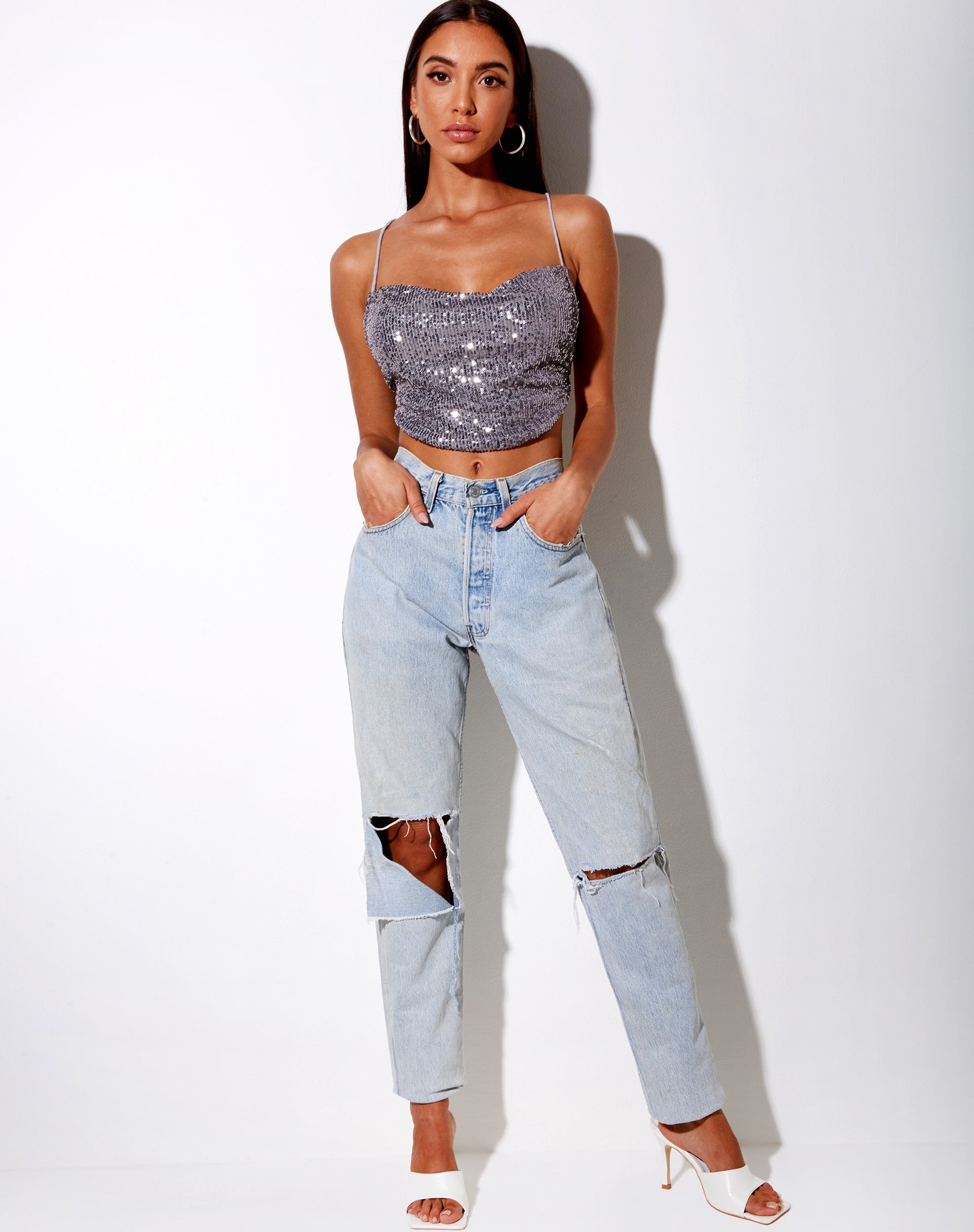 Image de Laxmi Crop Top in Drape Sequin Silver