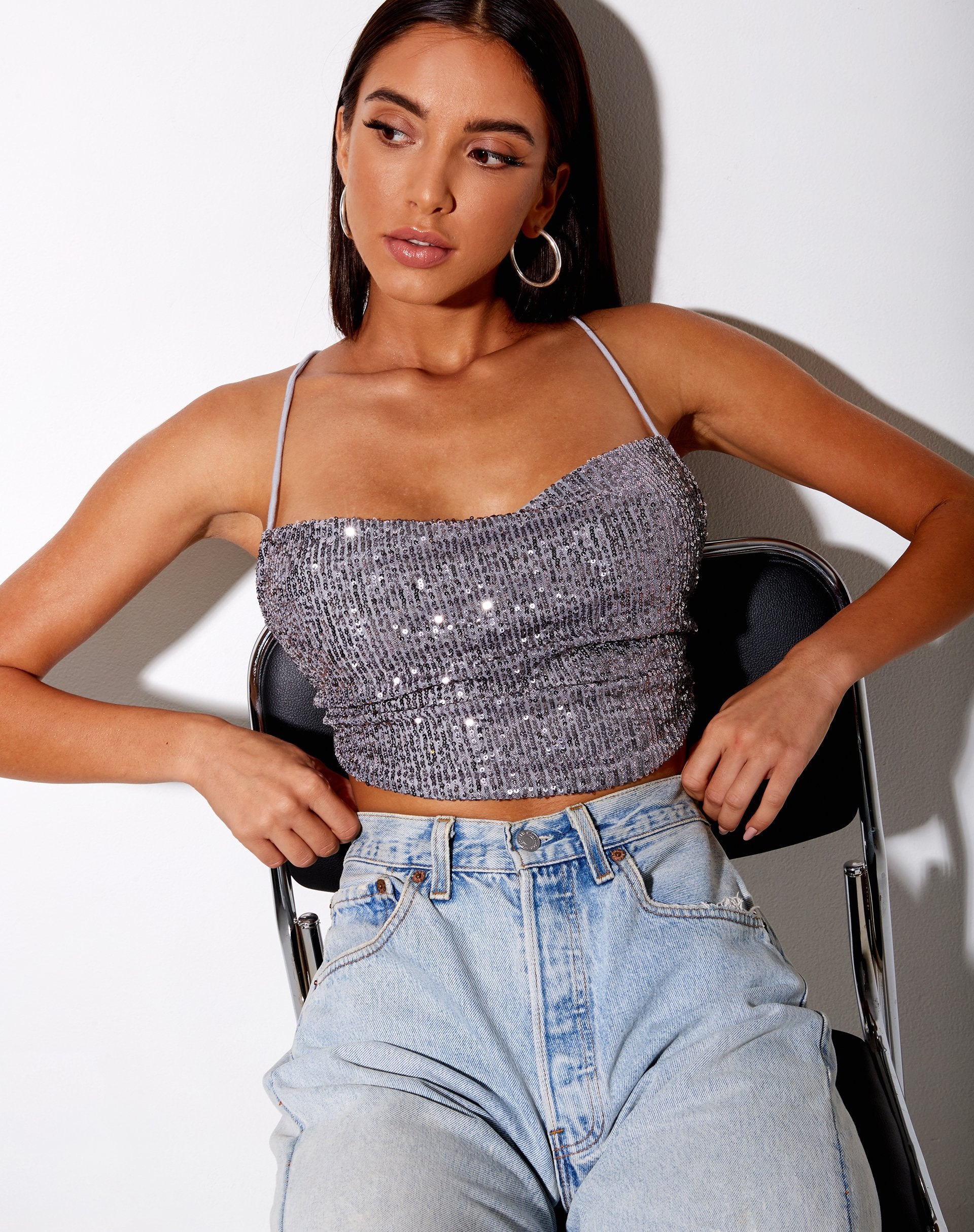 Image de Laxmi Crop Top in Drape Sequin Silver