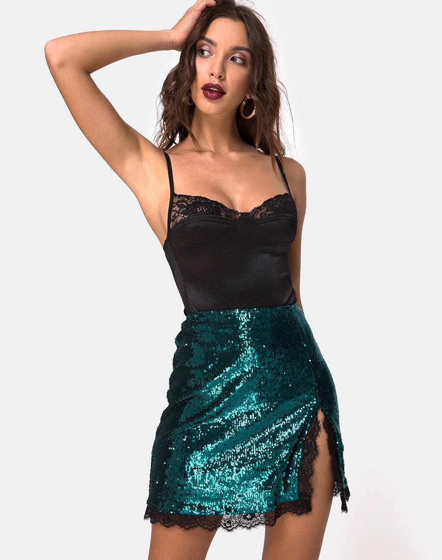 Image of Lena Skirt in Mini Sequin Teal with Black Lace