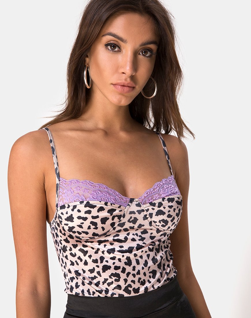Corsage Letta en satin animal avec dentelle lilas