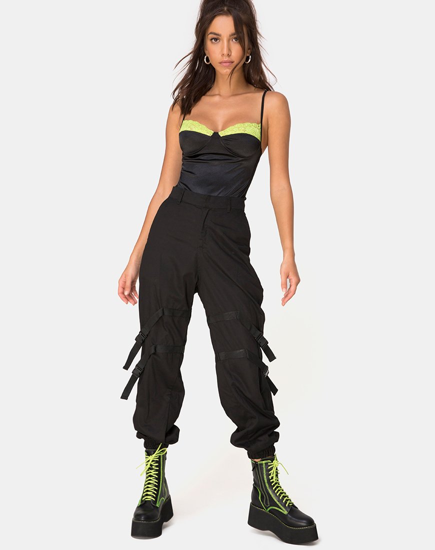 Image de Letta Bodice in Satin Black with Lime Lace Trim