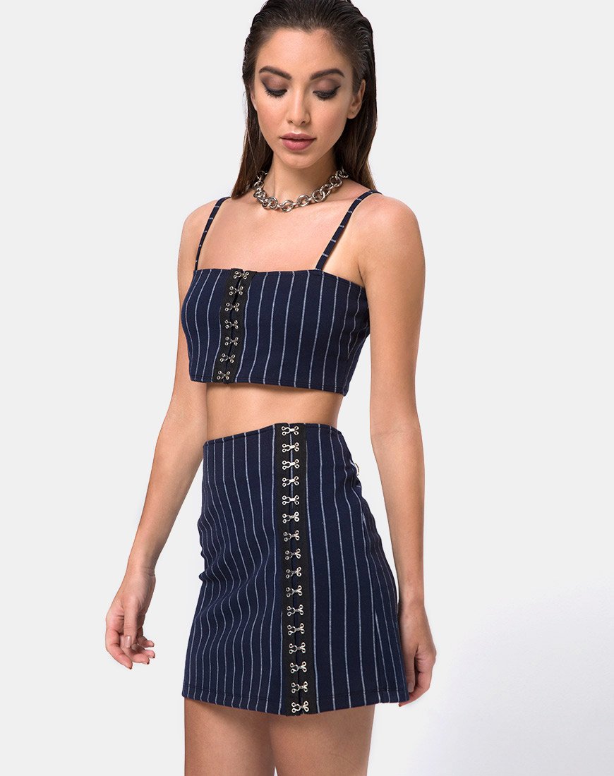 Lilu A Line Skirt, Navy Pinstripe
