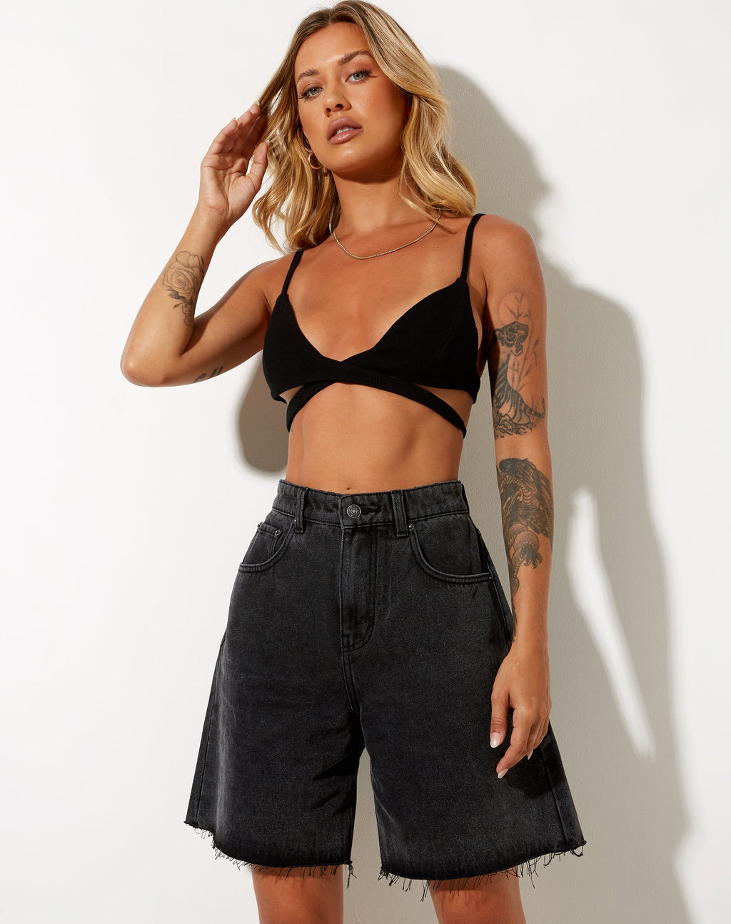 Short en denim à coupe ample, noir délavé
