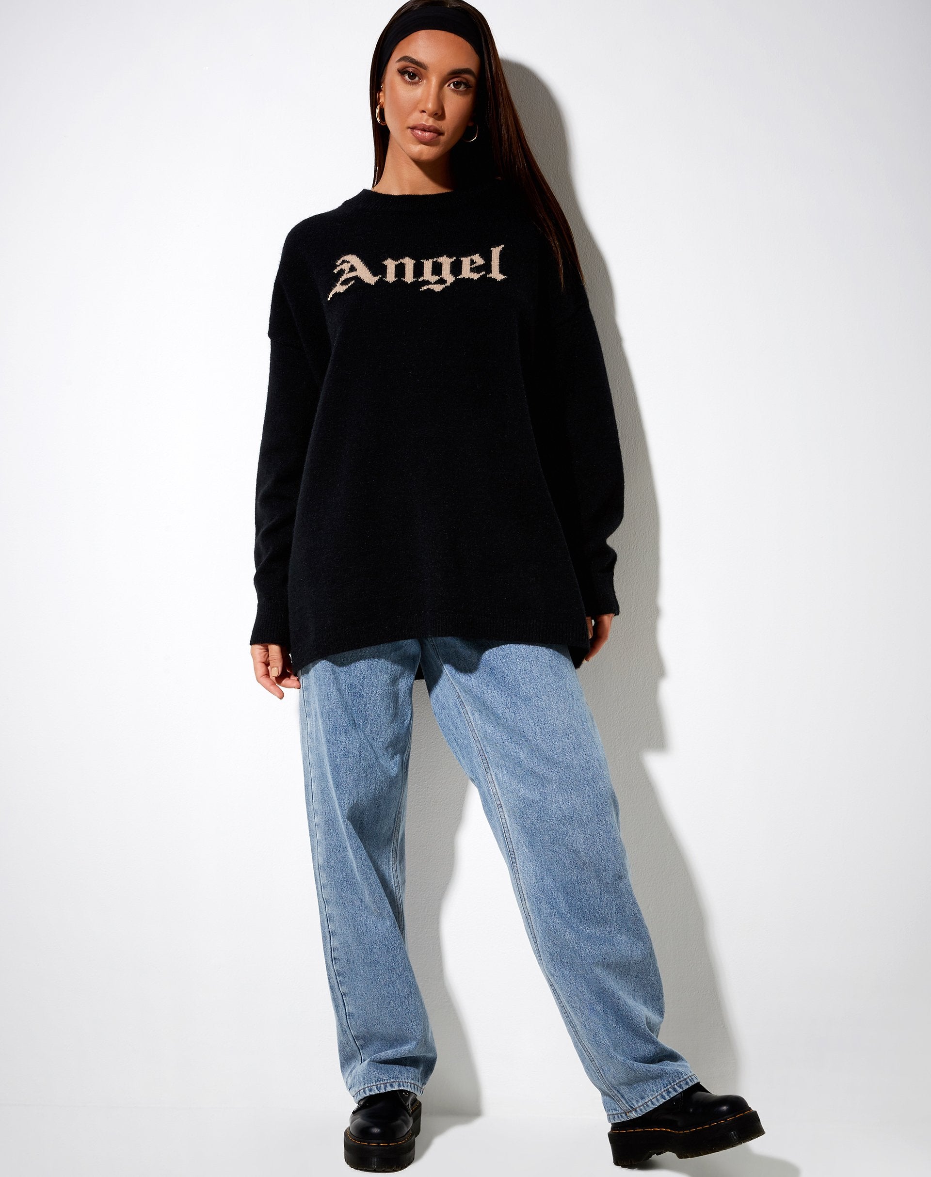 Image de Lulees Jumper en tricot noir avec ange en crème