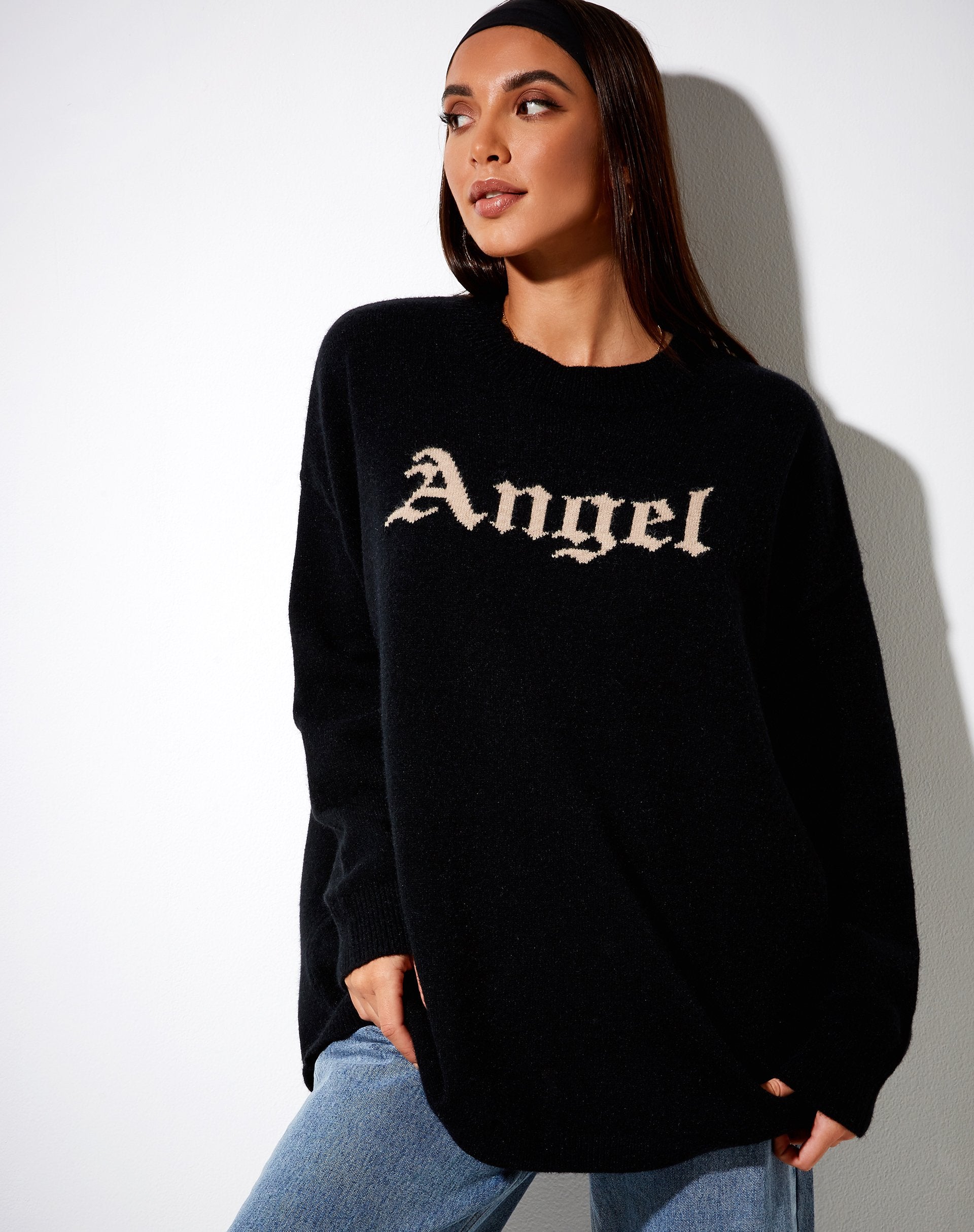 Image de Lulees Jumper en tricot noir avec ange en crème