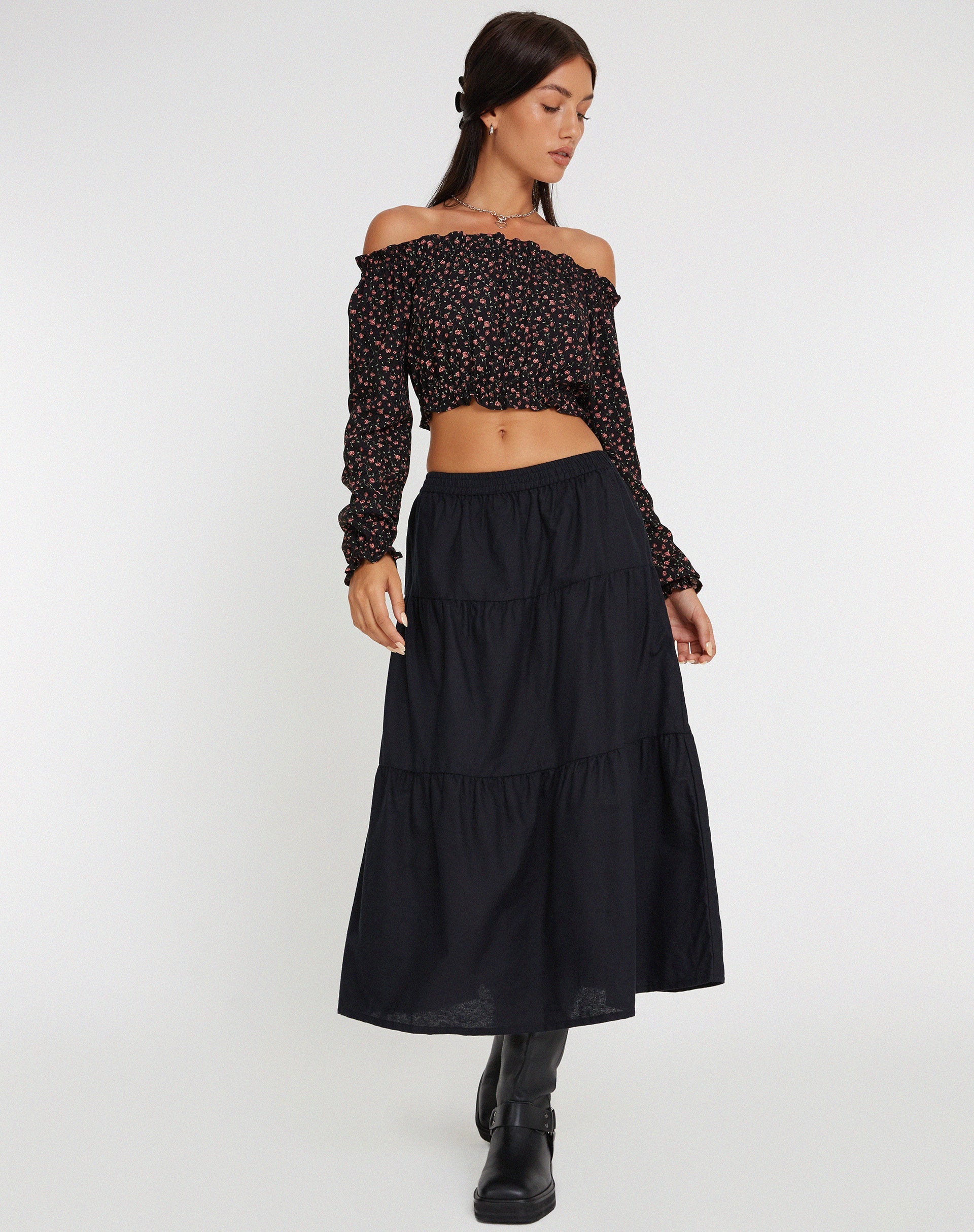 Image de Madley Long Sleeve Bardot Top in Dark Pink Rose Black