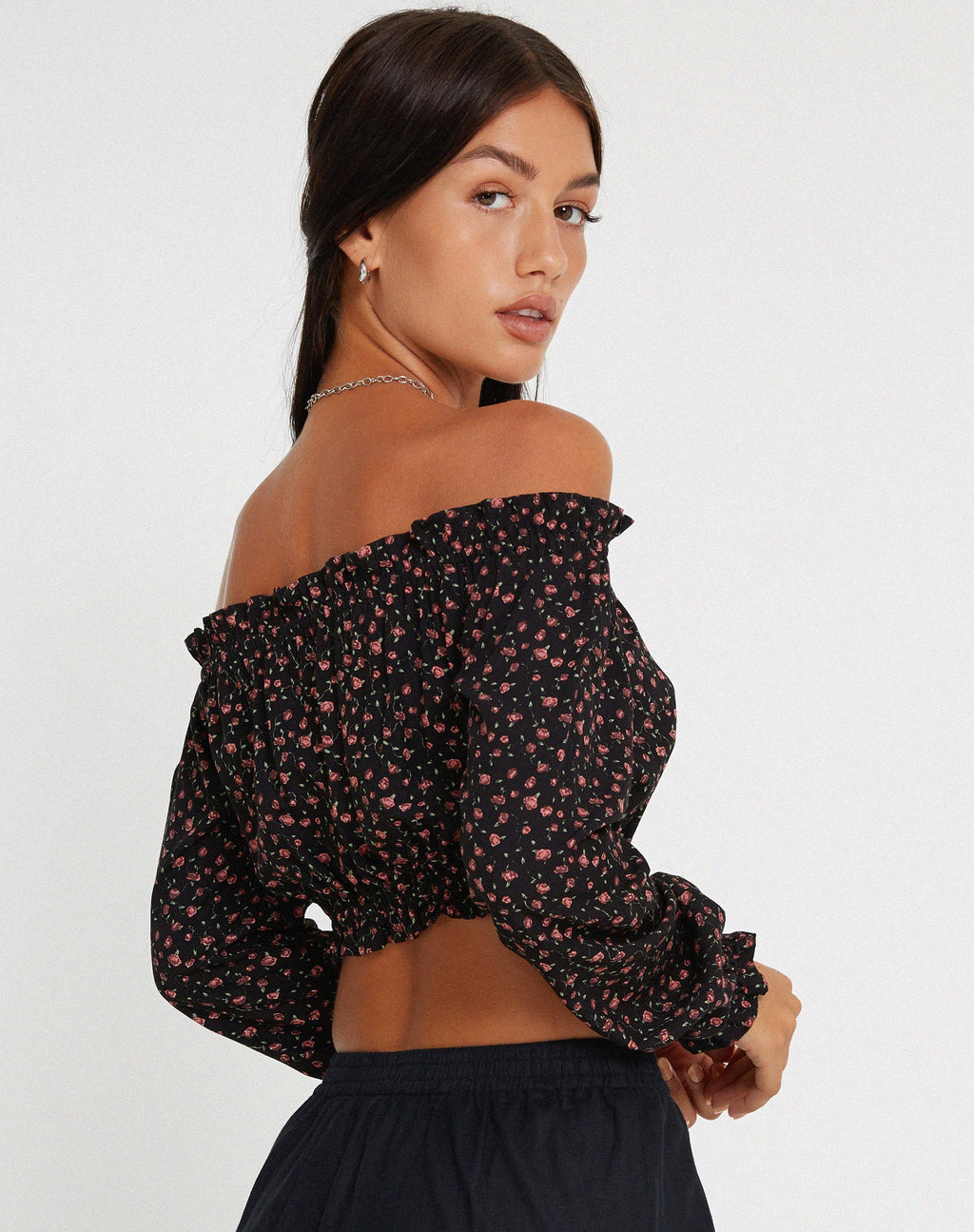 Madley Long Sleeve Bardot Top in Dark Pink Rose Black