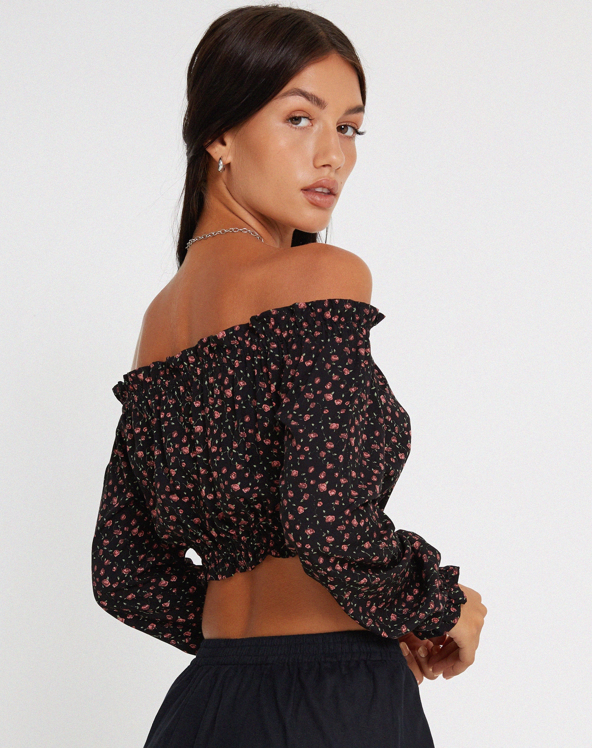Image de Madley Long Sleeve Bardot Top in Dark Pink Rose Black