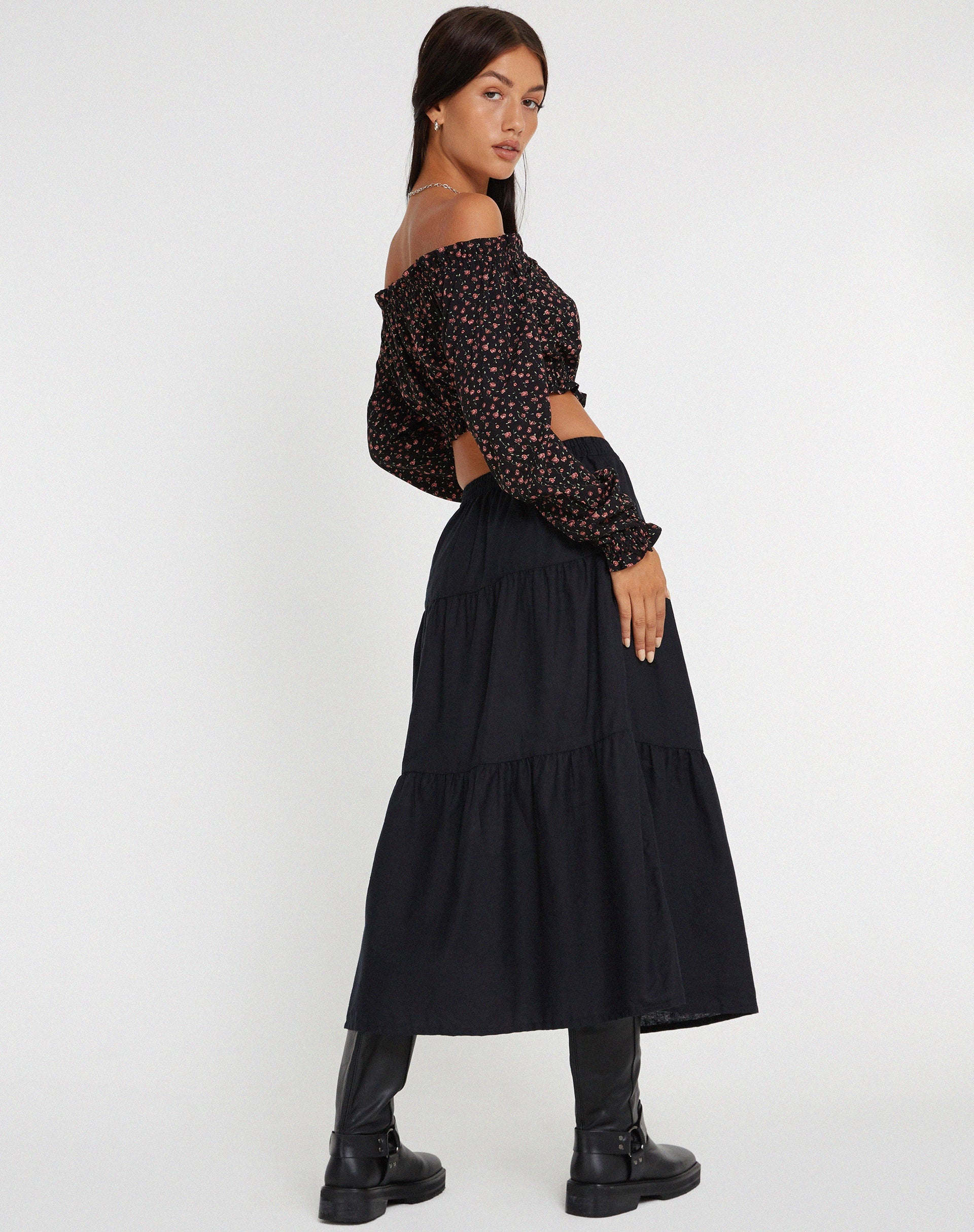 Image de Madley Long Sleeve Bardot Top in Dark Pink Rose Black