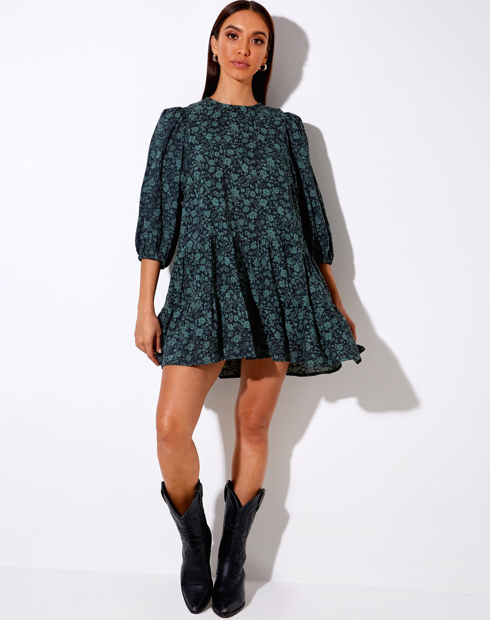 Image of Mareta Tea Dress in Mono Paisley Sage