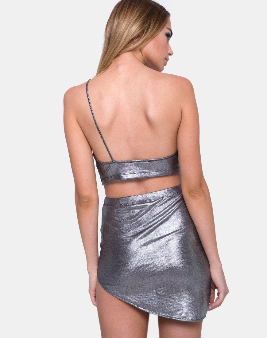 Minijupe Maxin en tricot drapé métallique argenté