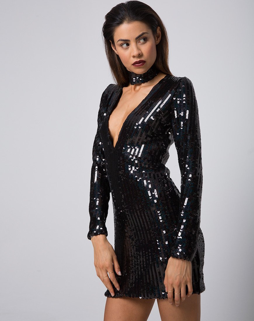 Robe et tour de cou Meli en écailles de poisson pailletées noir irisé