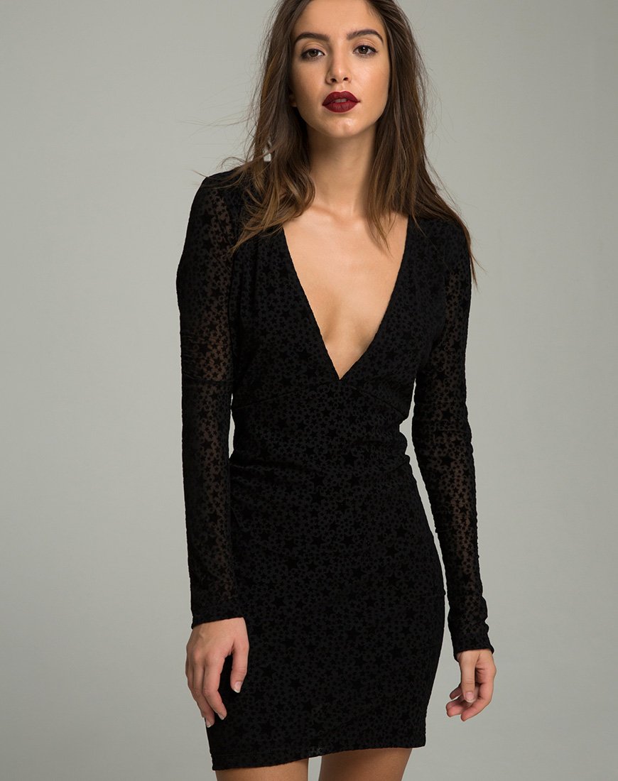 Meli - Robe pigeonnante en dentelle floquée noire