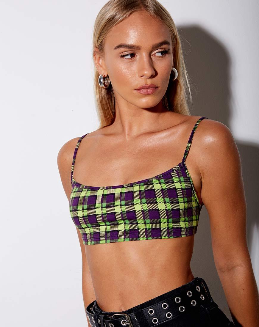 Micro Crop Top à carreaux verts et violets