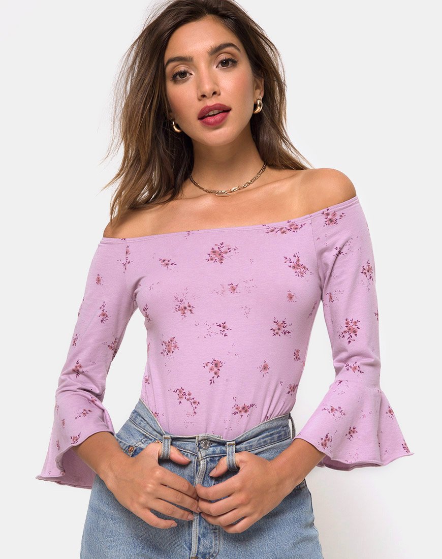 Mingga Off The Shoulder Top in Forget Me Not Lilac (Top à épaules dénudées en lilas)