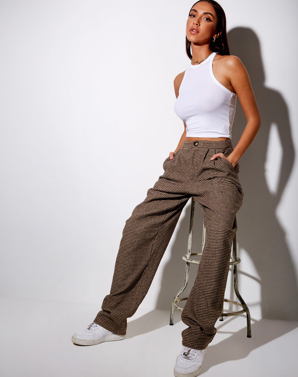 Pantalon large Misha en pied-de-poule marron