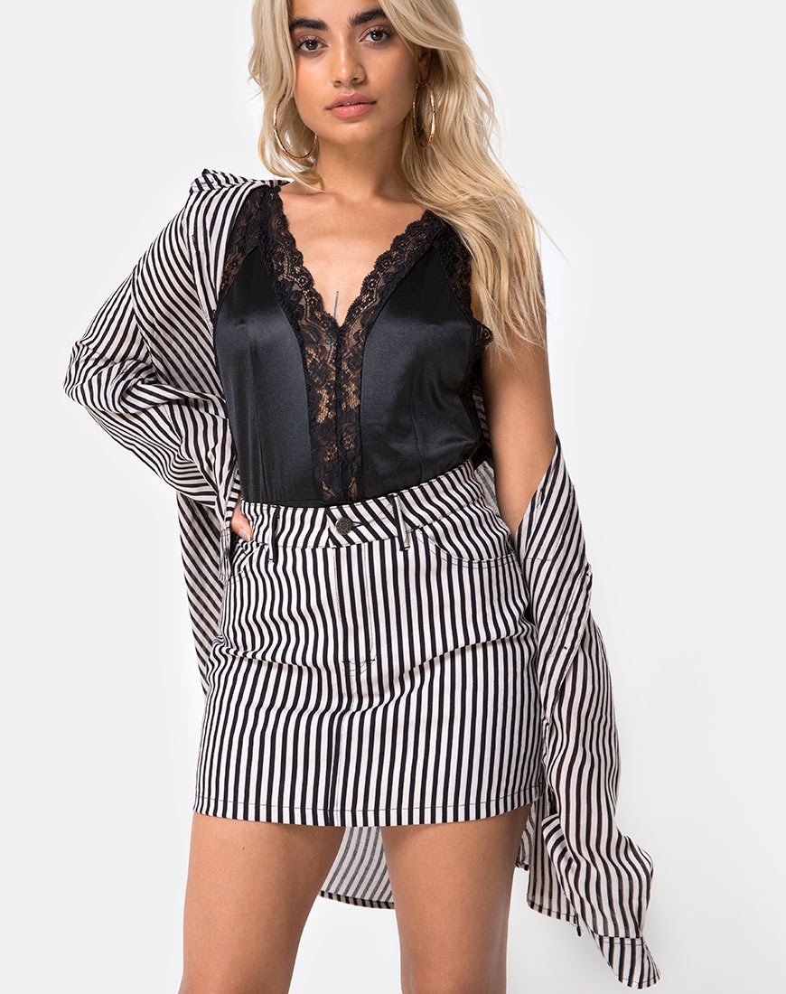 Mini jupe balai en mini rayures noires et nude
