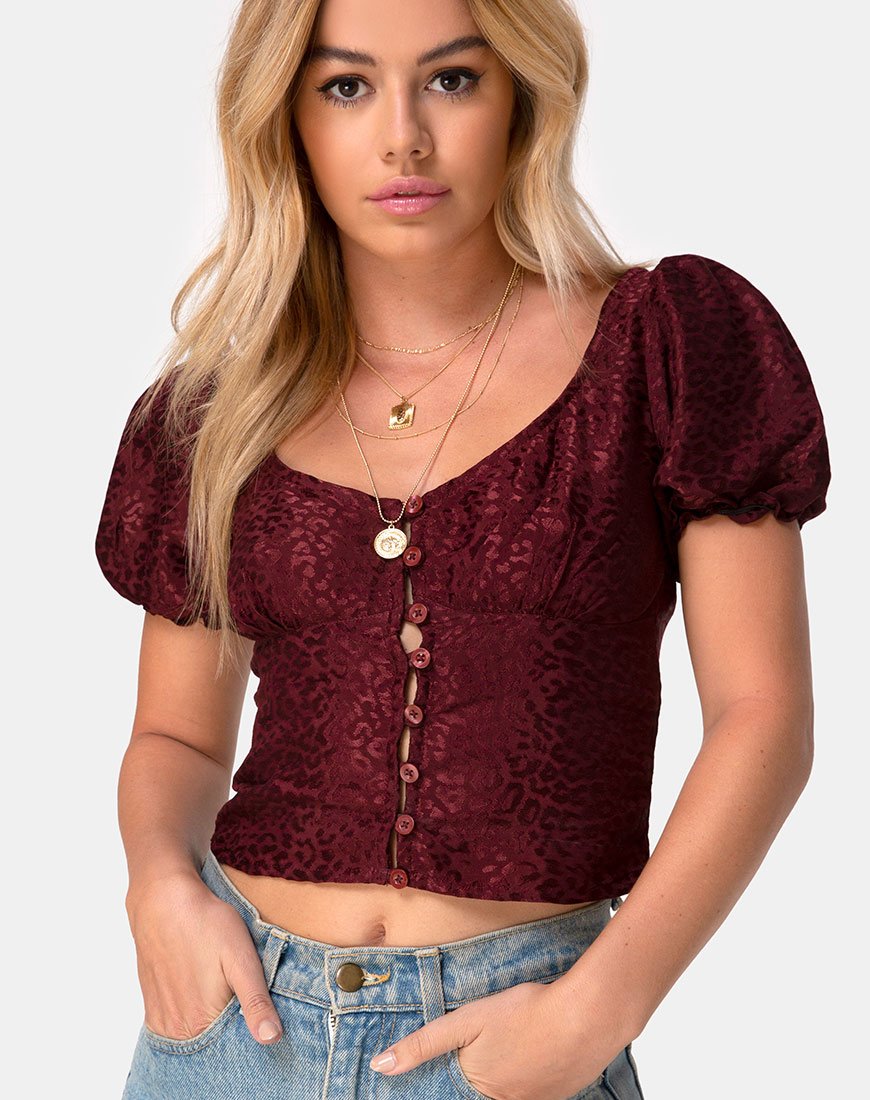 Top Monda en satin Cheetah Burgundy