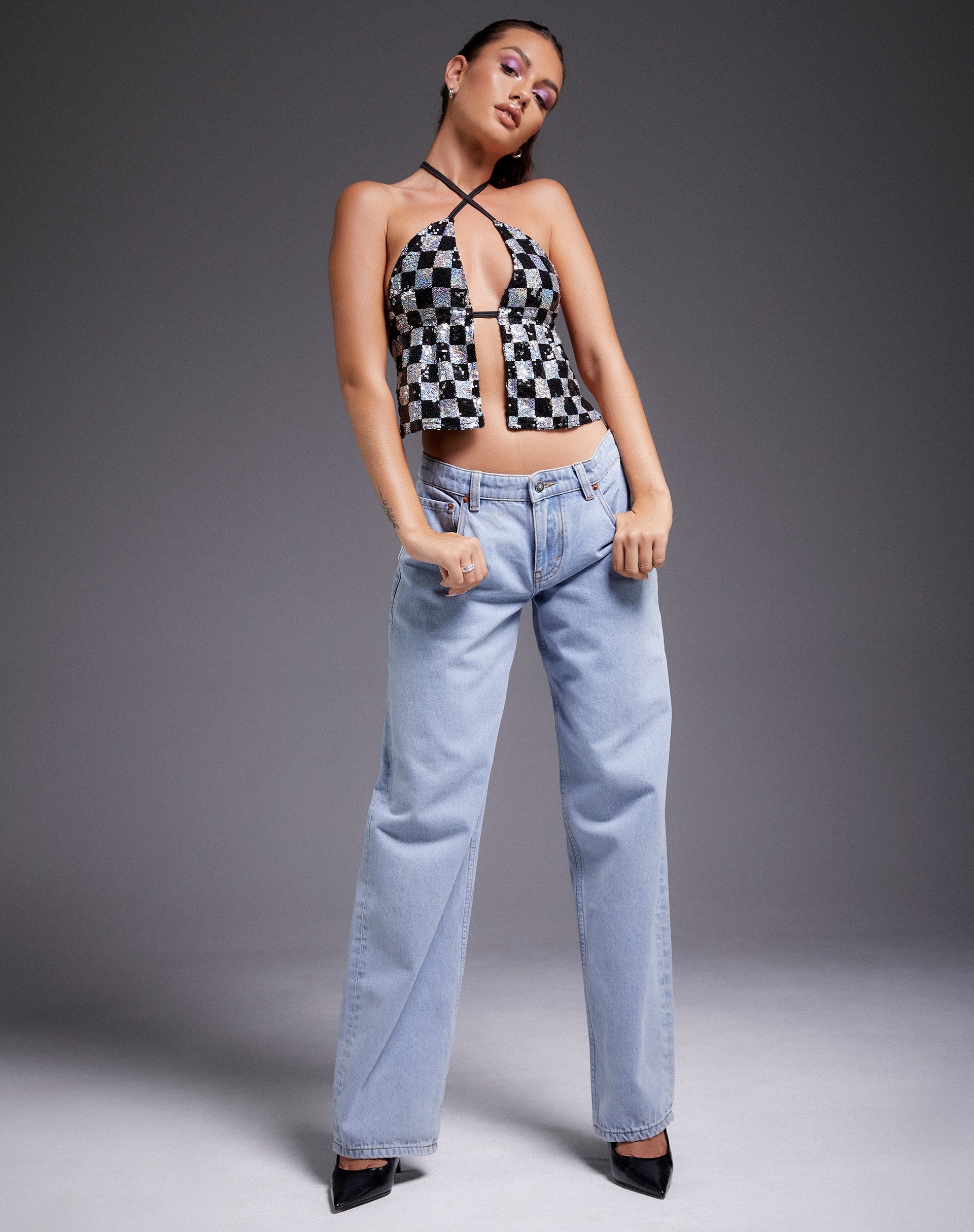 Image de Runita Top en damier à paillettes noir et argent