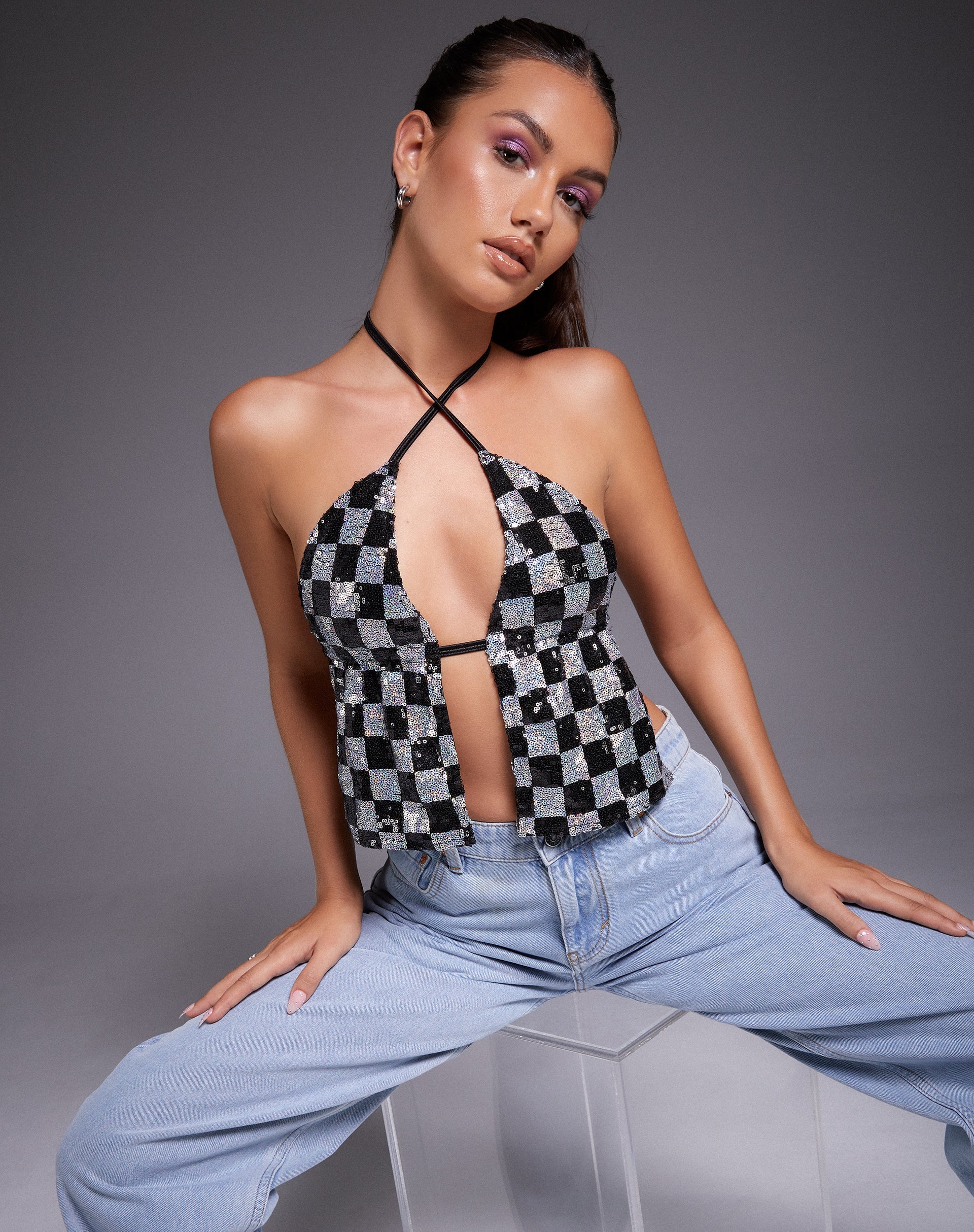 Image de Runita Top en damier à paillettes noir et argent