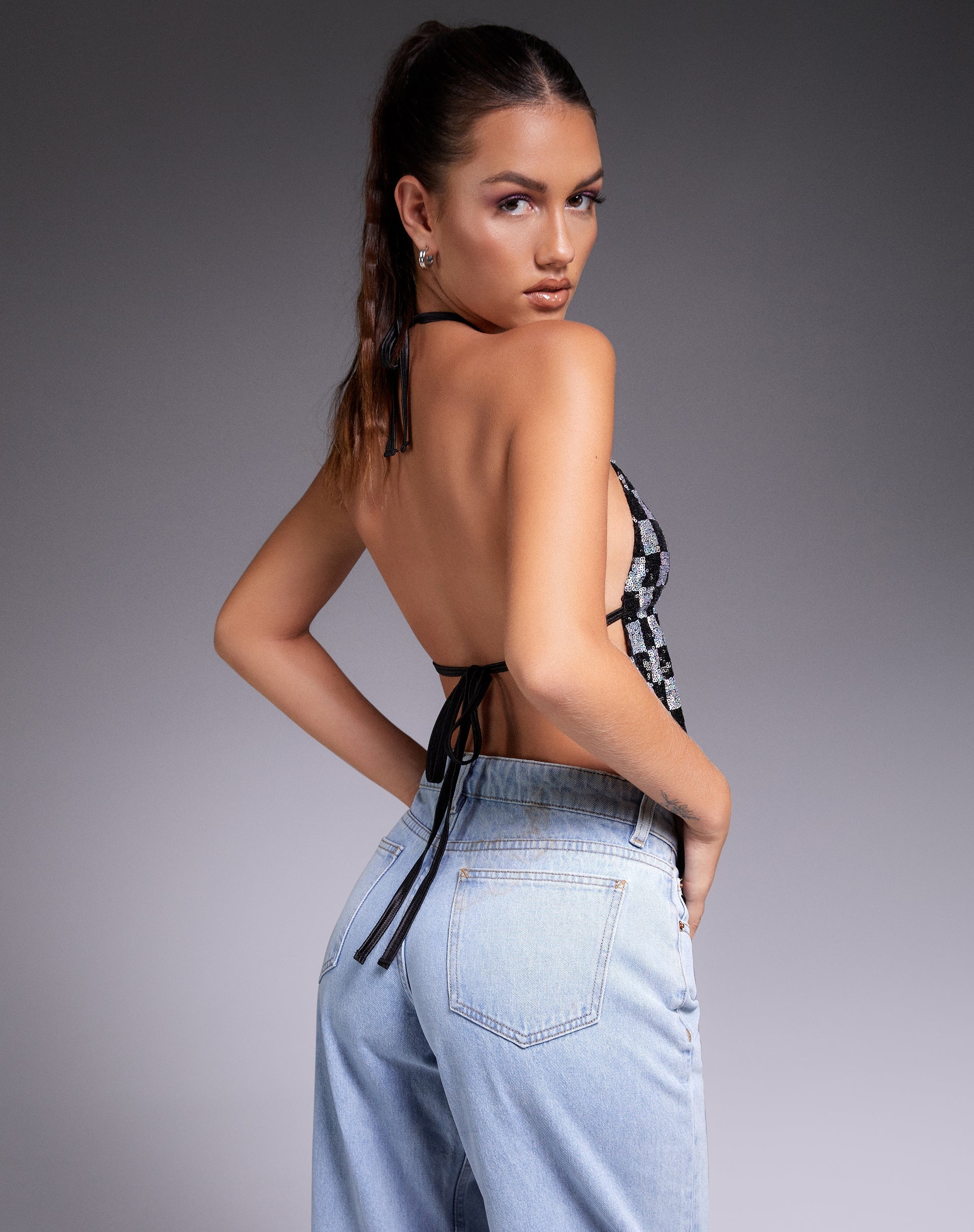 Image de Runita Top en damier à paillettes noir et argent