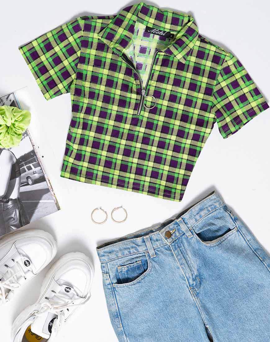 Dhen Crop Top à carreaux verts et violets