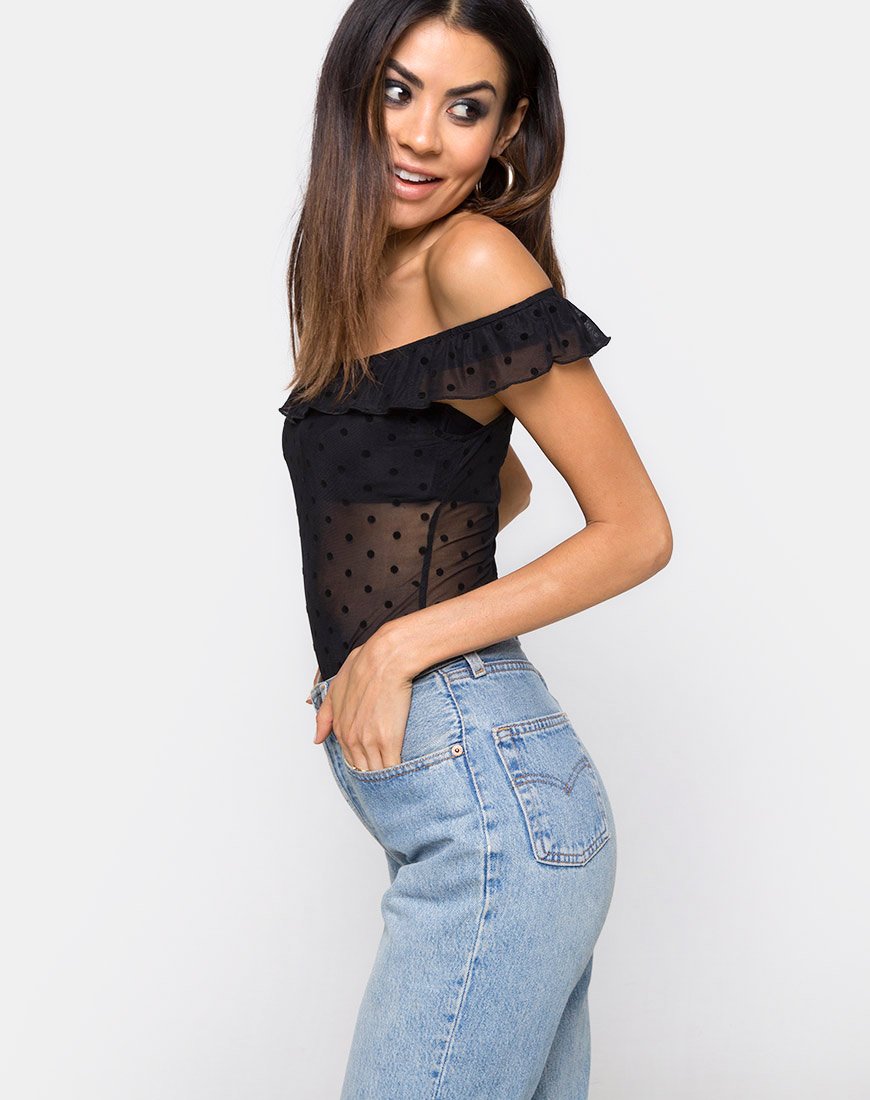 Natalia - Corsage asymétrique en filet à pois noir