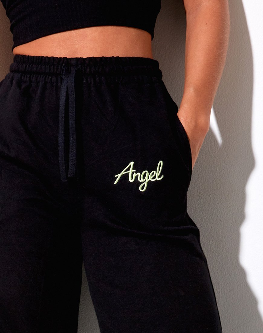 Pantalon de jogging Nattan en noir Broderie 'Angel' en vert néon
