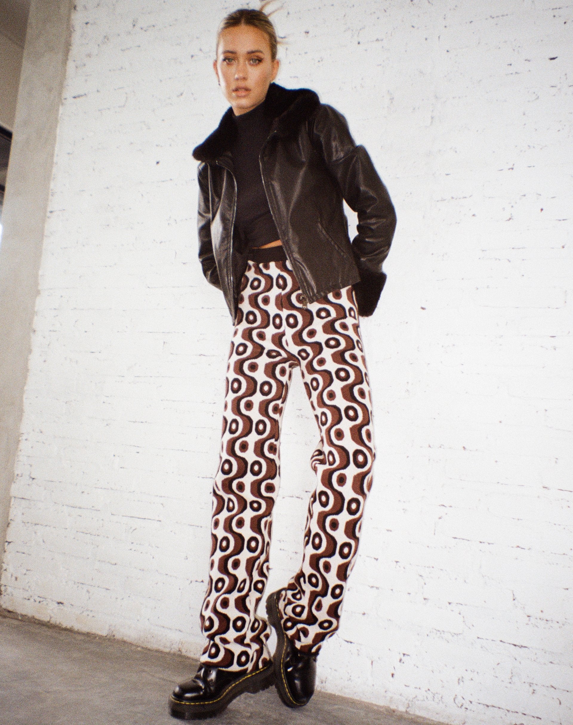 Image of Sheba Wide Leg Trouser in Wavy Geo Ivory Brown and Blackv