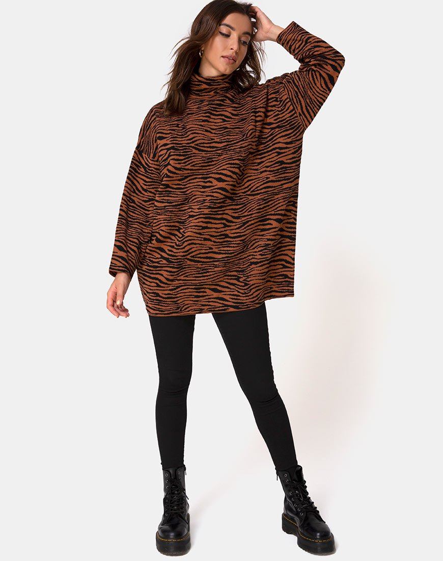 Image de Neivie - Pull à col roulé en tricot tigré - Marron