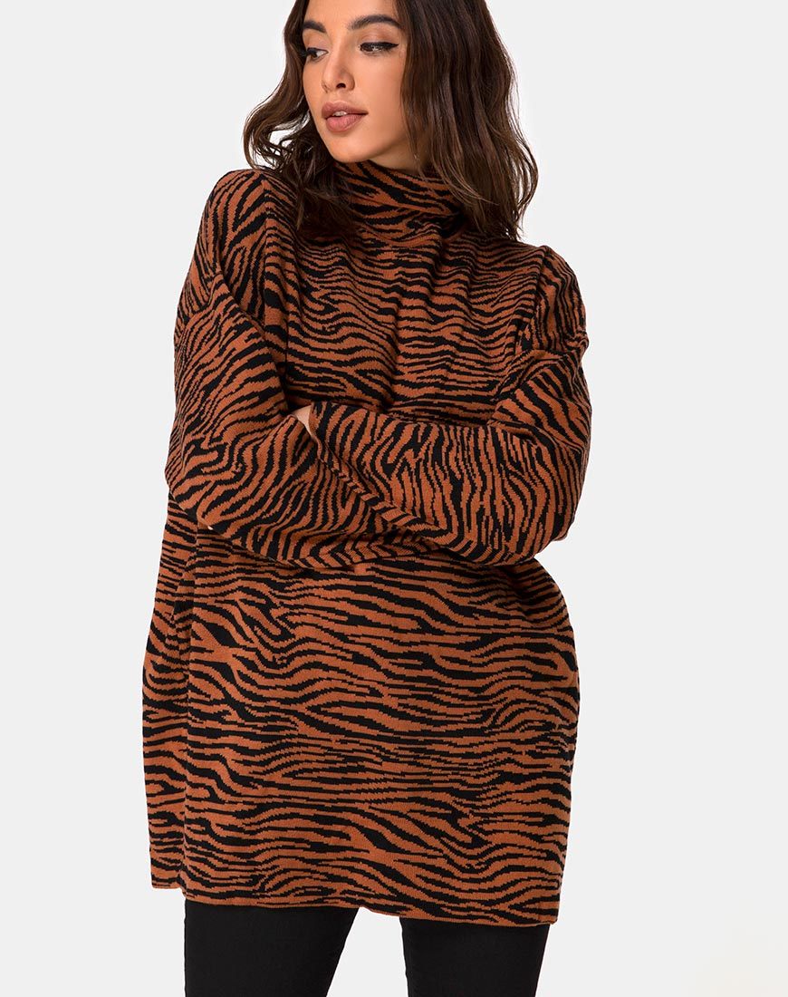 Image de Neivie - Pull à col roulé en tricot tigré - Marron