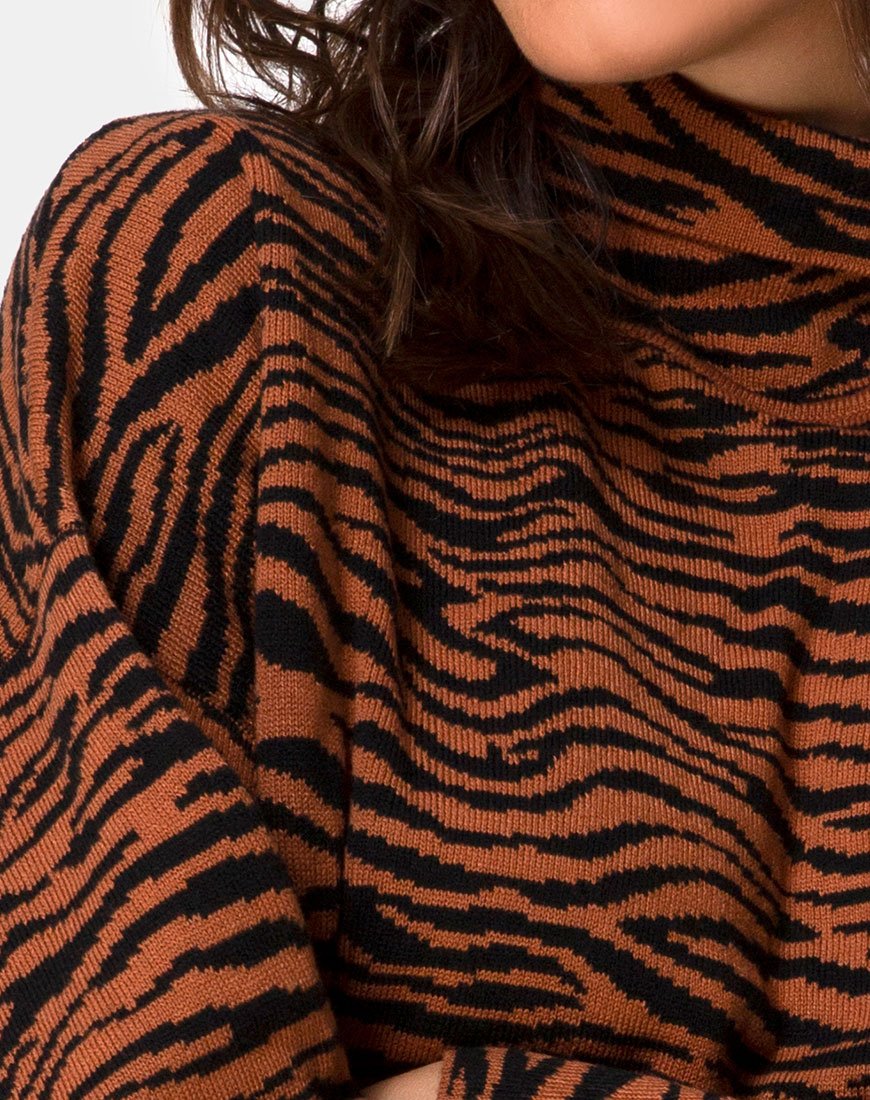 Image de Neivie - Pull à col roulé en tricot tigré - Marron