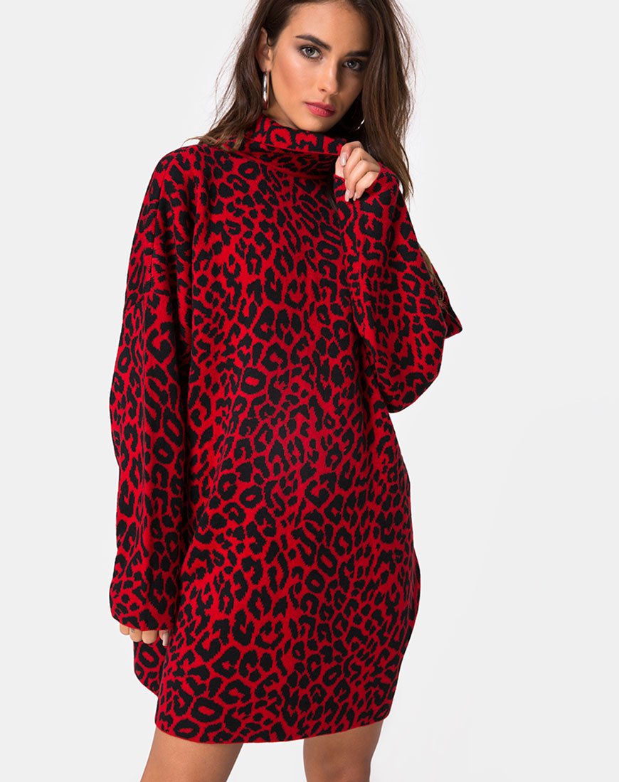 Neivie Jumper Dress in Animal Knit Red (Robe-chaussette en tricot animal)