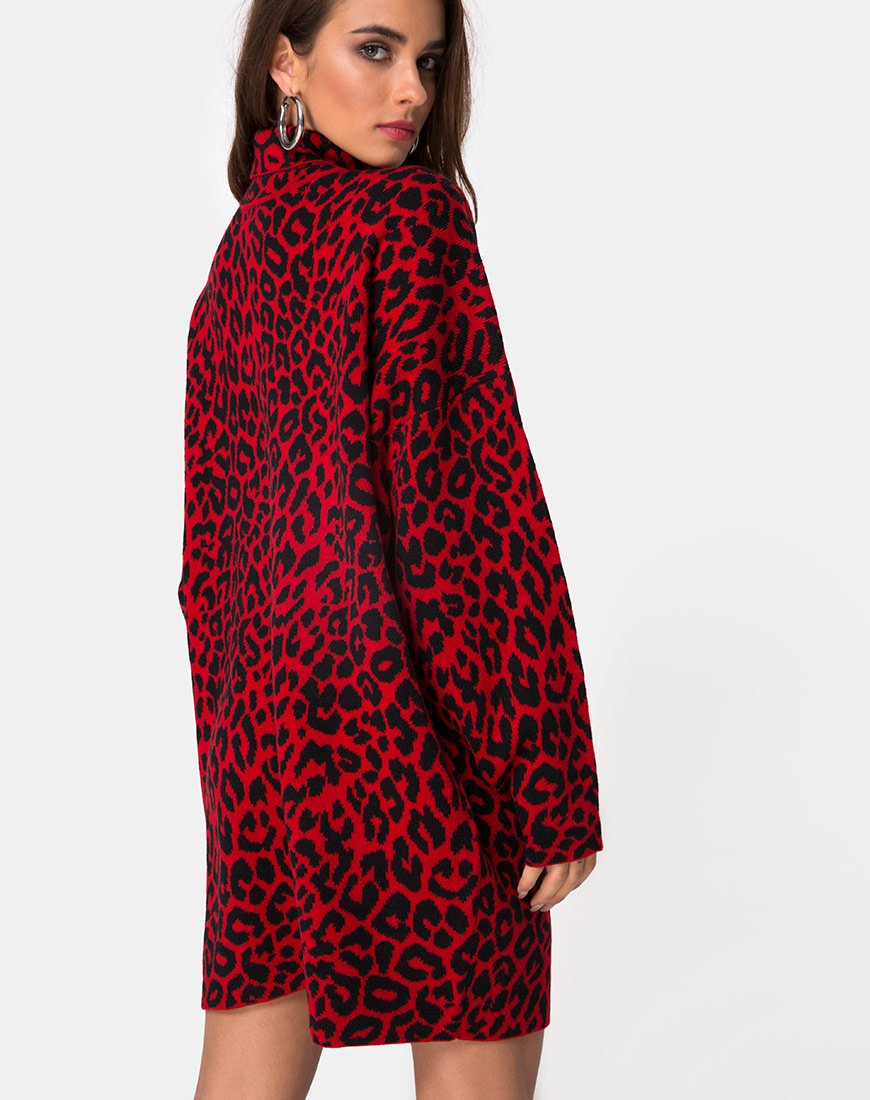 Neivie Jumper Dress in Animal Knit Red (Robe-chaussette en tricot animal)