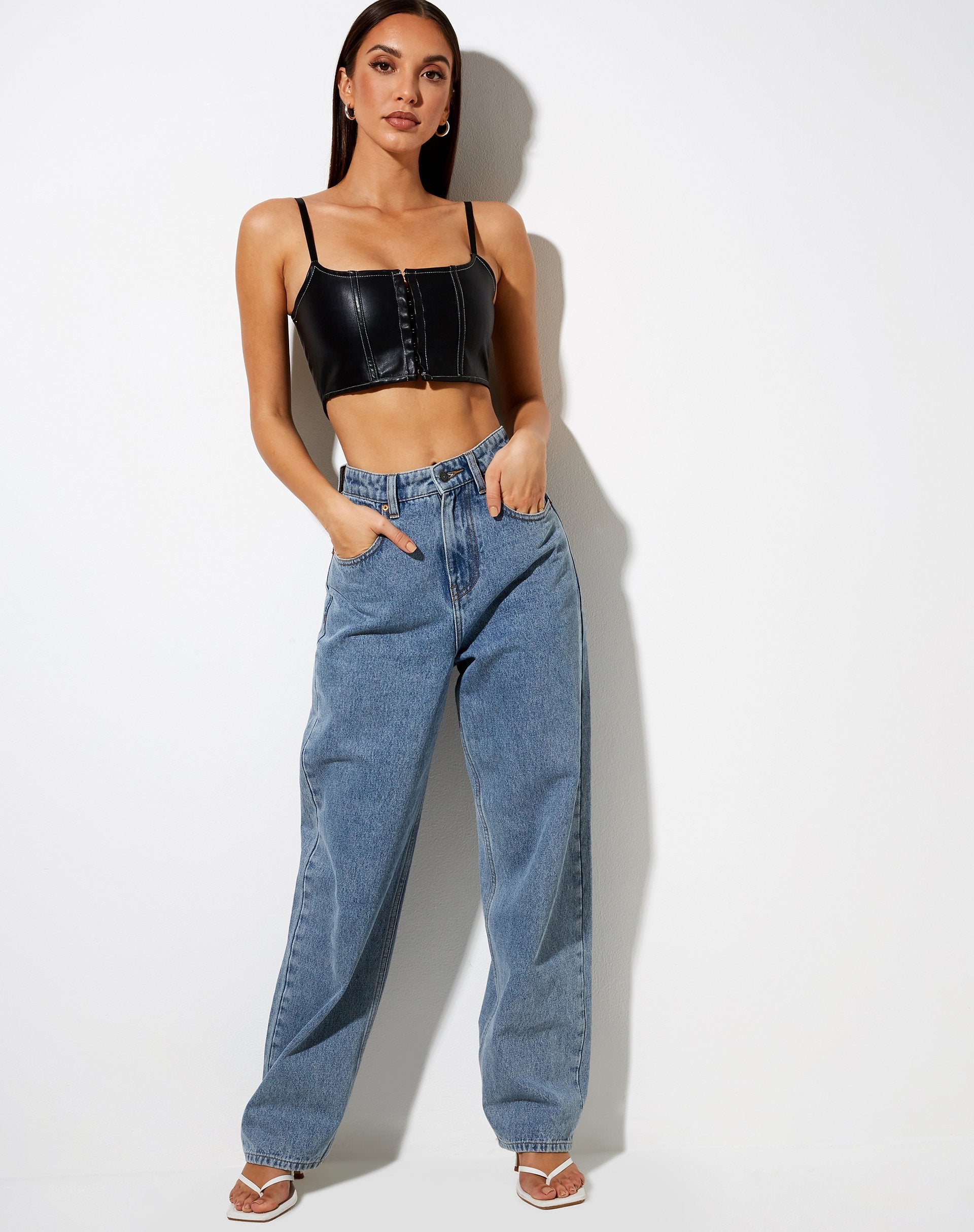 Image of Nindy Crop Top in PU Black with White Stitch